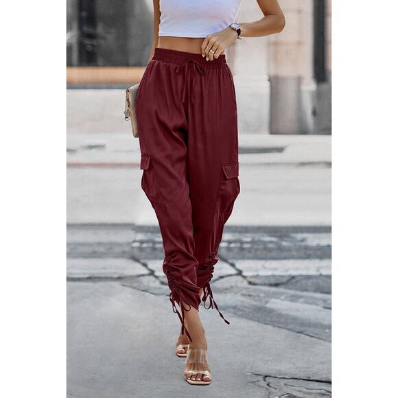 Passion of Essence Boutique Pants - Solid Drawstring Hem Flap Pocket Side Stacked Pants